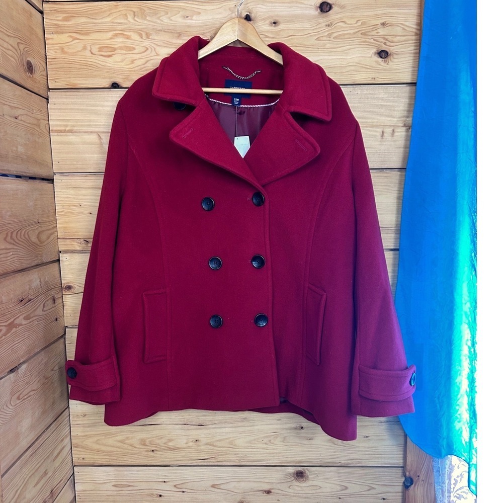 Wool Cashmere Peacoat Women Size 22W Red Double Breasted Classic Lands End Class